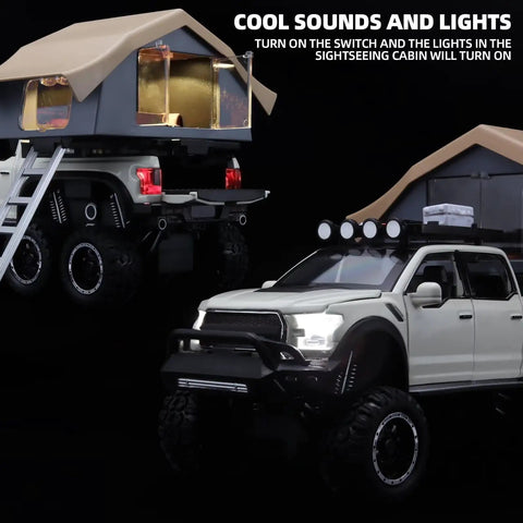 F150 Diecast Pickup Truck For Kids Ages 4-8 With Sightseeing Cabin Pull Back Car With Light And Sound Durable Zinc Alloy And ABS Realistic Details White, showing truck and cabin with lights on