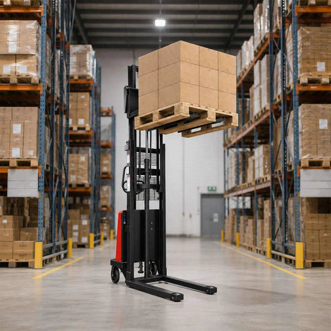 Walkie Pallet Stacker Semi Electric 3300 Lb Capacity 94 Inch Lift Height in a warehouse lifting stacked boxes.