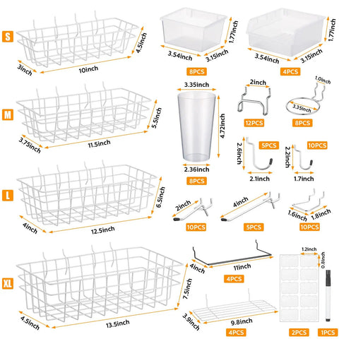 Versatile 95-Piece Pegboard Accessories Kit with baskets, hooks, cups, and shelf for garage and workshop organization