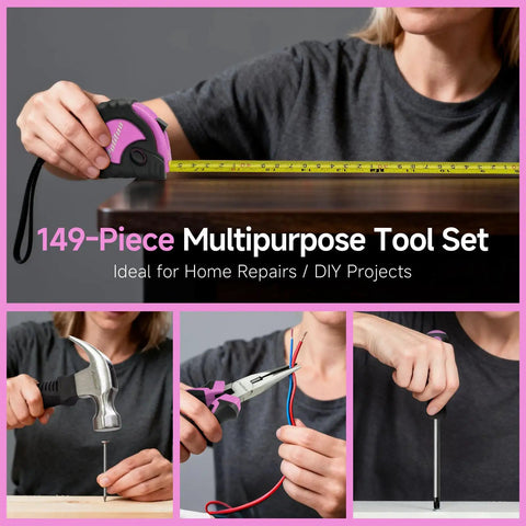 149 Piece Home Tool Set With 12V Pink Cordless Drill LED Light And Tool Box For Women And Men DIY Enthusiasts Great For Home Improvement Projects And Everyday Repairs, featuring measuring tape, hammer, pliers, screwdriver