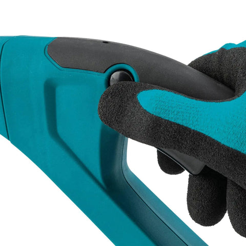 Close-up of hand operating trigger on 18V Cordless String Trimmer With 180 Degree Rotating Head Converts To Edger, Telescoping Shaft Extends