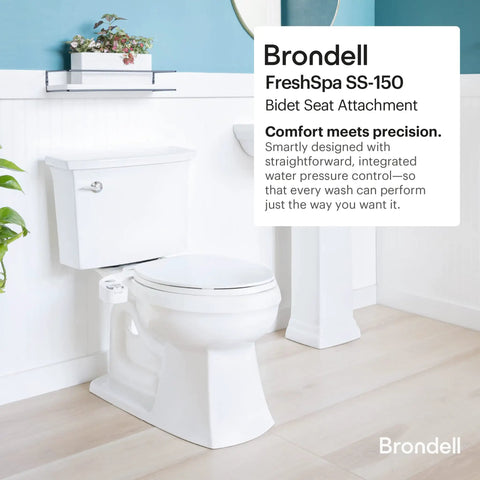 Bathroom setup with FreshSpa Thinline Precision Bidet Attachment For Toilet Seats With Adjustable Water Pressure Side Arm Control Ultra Slim 0.2 Inch Profile White Self Cleaning Nozzle Single Nozzle