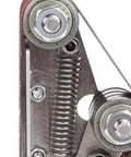 Close-up view of Mini 3 In 1 Belt Sander And Benchtop Grinder With Seven Speeds part with pulleys and spring mechanism.