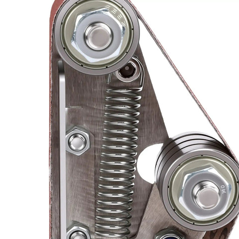 Close-up view of Mini 3 In 1 Belt Sander And Benchtop Grinder With Seven Speeds part with pulleys and spring mechanism.