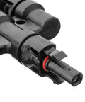 Close-up of 3 To 1 T Solar Panel Connector For PV Systems With MFFF And MMMF, IP67 Waterproof, 1000V 1500V DC, 30A, Snap In, Tool Free, Easy Install