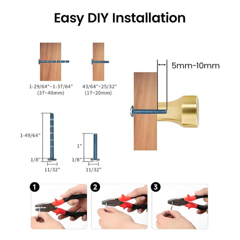 Installation process of Brushed Gold Round Cabinet Knobs Set Of 10 Zinc Alloy Single Hole Drawer Pulls with screw and pliers shown.
