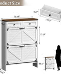 Farmhouse Narrow Shoe Cabinet With Odor Control Deodorizer 2 Flip Drawers 2 Top Drawers Adjustable Shelves And Side Hooks For Entryway Shoe Storage For Busy Entryways dimensions and size guide