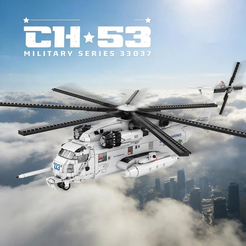 CH-53 Transport Helicopter Model Kit For Adults flying over cityscape with detailed rotors and cockpit, ideal for collectors