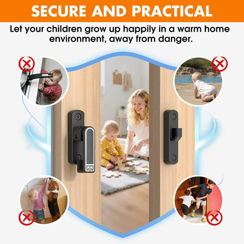 Adjustable Barn Door Latch in black zinc alloy with luminous finish installed on sliding door, preventing child access.
