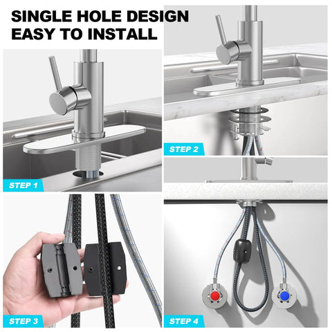 Top Tier Kitchen Sink Faucet Featuring A Smooth Pull Down Sprayer Integrated Soap Dispenser And Heavy Duty Brushed Finish for easy installation steps.