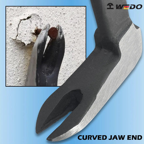 Close-up of a Heavy Duty 8 Inch Pry Bar Nail Puller High Carbon Steel Crowbar with curved jaw removing nail from wall