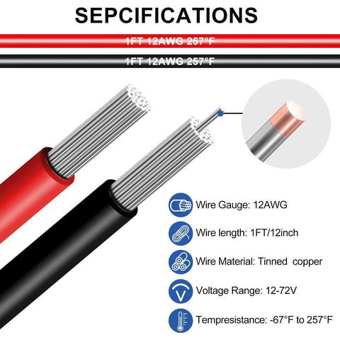 Heavy Duty 2 Pin Deutsch Waterproof Connectors Kit 12AWG 1FT cable specifications with red and black wires