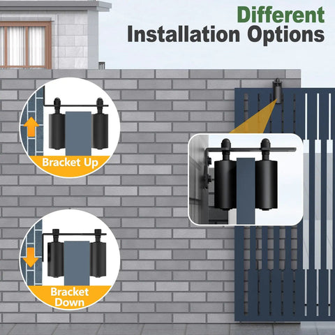 Different installation options for Heavy Duty Sliding Gate Roller Hardware Kit With Steel Wall Mount Bracket And Nylon Roller Guides Built Tough For Garage Doors And Wood Gates Adjustable Micro Adjustment Black 2 Pack 4 Inch