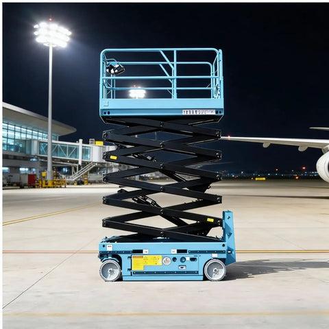 Industrial Scissor Lift Platform For Smooth Cargo Transfer And Equipment Maintenance Hydraulic Lifter in an airport at night with extended height.