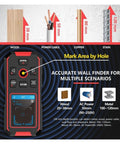 Pro Boss 3 In 1 Stud Finder Wall Scanner And Laser Distance Measure With Electronic Sensor showing detection depths for wood, metal, and wires.