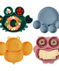 Hecka Adorable 4 Piece Silicone Toddler Suction Plate Set With Mega Grip Base divided animal dishes featuring frog, octopus, bear, and owl shapes.