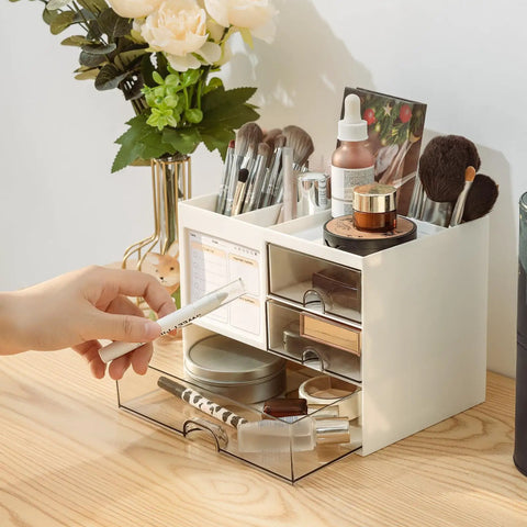 Dope Desk Organizer with 3 Drawers and 8 Compartments, Mega Functional Pencil and Pen Holder, Top Tray, Notebook Slot, White Finish