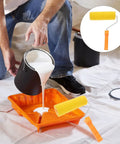 Man pouring paint into tray with Textured Sponge Paint Roller For Wall Painting With Ergonomic Handle beside.
