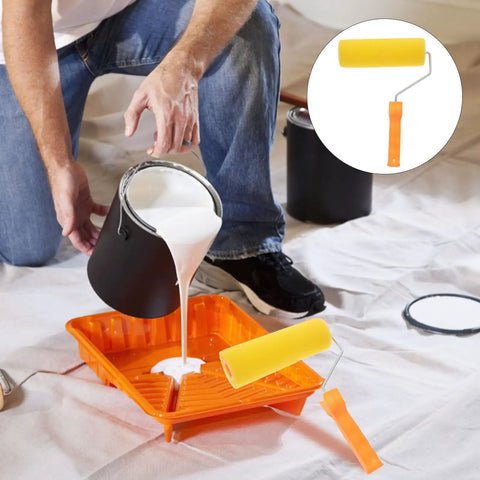 Man pouring paint into tray with Textured Sponge Paint Roller For Wall Painting With Ergonomic Handle beside.