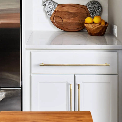 Six Pack Champagne Bronze Knurled Cabinet Pulls Set, 18 Inch Center To Center on white kitchen cabinets.