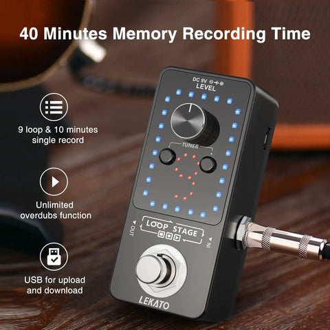 Close-up of Guitar Looper Pedal With Tuner, 9 Loops, 40 Minutes Recording Time, 48K 24Bit Lossless Audio, Visual Time Indicator