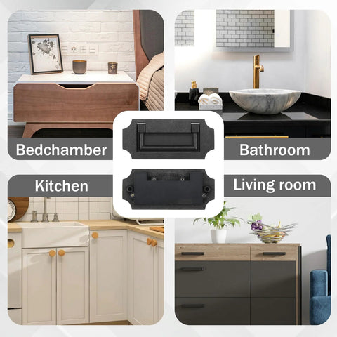 Multiple room uses for Hidden Ring Pull Drawer Handle Set 2 Pcs Zinc Alloy Flush Mount Cabinet Handles, black, with 82mm hole spacing.