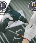 Person using a drill to assemble a white frame, with a focus on '30 Minutes Assembly' and 'Easy to Install' icons visible.