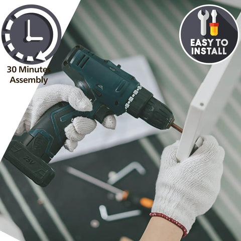 Person using a drill to assemble a white frame, with a focus on '30 Minutes Assembly' and 'Easy to Install' icons visible.