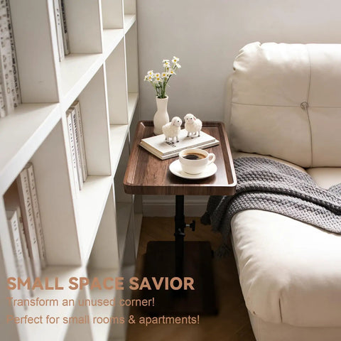 Slim C Shaped End Table With Adjustable Height And 360 Degree Swivel Mobile Laptop Desk And TV Tray On Wheels next to sofa