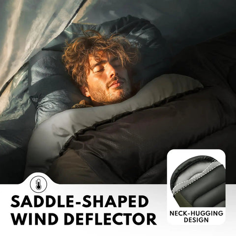 Person using XXL Winter Sleeping Bag For Adults And Kids, 4 Season Cold Weather Camping Gear With Draft Collar and Zipper Draft Guard.