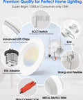 12 Pack 5 To 6 Inch LED Recessed Can Lights, 1100LM Each, 4000K Cool White, diagram showing features like E26 adaptor and metal baffle trim