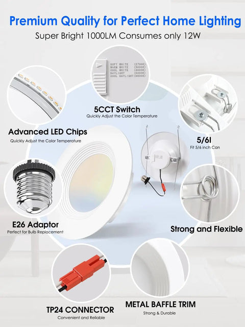 12 Pack 5 To 6 Inch LED Recessed Can Lights, 1100LM Each, 4000K Cool White, diagram showing features like E26 adaptor and metal baffle trim