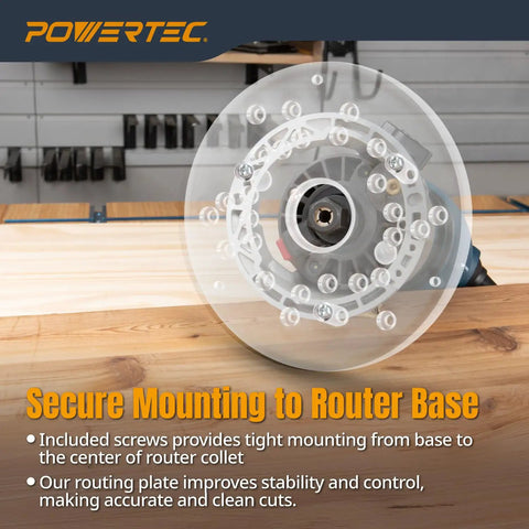 Must Have Router Base Plate Acrylic Five And Three Quarter Inch With Screws And Pre Drilled Holes For Trim And Plunge Routers Pro Grade Durable Clear Guide Bushing Plate Fits Bosch DeWalt Makita Porter Cable And More Model 71381, mounted on router with screws visible