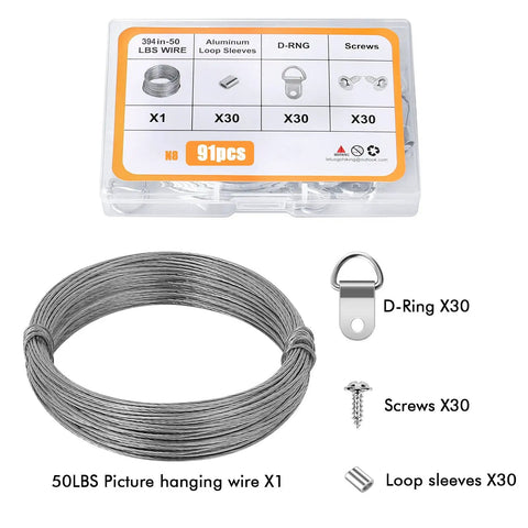 Picture Hanging Hardware Kit With Wire And Loop Sleeves For Wall Art Mirrors And Frames 91 Piece Set With D Ring Hooks And Screws