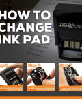 Step-by-step guide on changing the ink pad for Fresh Custom Message Date Stamp, showcasing refill process and stamp design.