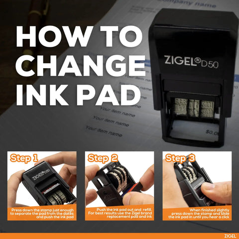 Step-by-step guide on changing the ink pad for Fresh Custom Message Date Stamp, showcasing refill process and stamp design.