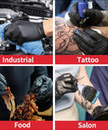Black nitrile disposable exam gloves, 5 mil, food-safe; shown in industrial, tattoo, food, and salon settings.