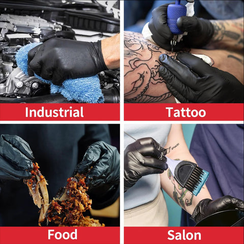 Black nitrile disposable exam gloves, 5 mil, food-safe; shown in industrial, tattoo, food, and salon settings.
