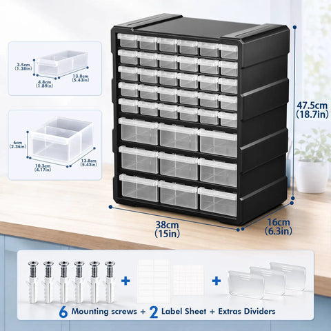 Two Size Drawer Organizer For Garage And Craft Storage With Dividers And Labels, Thick Heavy Duty Organizer For Hardware, Screws, Nuts And Bolts, Beads, Charms, Craft Supplies, Scrapbooking, Teacher Toolbox, black plastic drawers, 38cm x 16cm