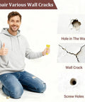 Man holding scraper next to examples of wall damage: hole in wall, wall crack, and screw holes, promoting Essential 25 Piece Drywall Patch Repair Kit.