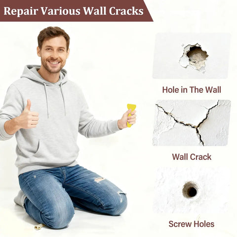 Man holding scraper next to examples of wall damage: hole in wall, wall crack, and screw holes, promoting Essential 25 Piece Drywall Patch Repair Kit.