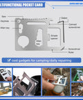 Front view of stainless steel multifunction pocket tool card with built-in saw, ruler, Allen keys and screwdriver.