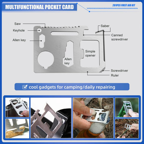 Front view of stainless steel multifunction pocket tool card with built-in saw, ruler, Allen keys and screwdriver.