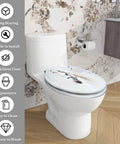 Toilet Seat Elongated for Bathroom, 14.5" x 18.5", featuring artistic design, mounted on a white toilet in a stylish bathroom.