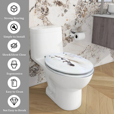 Toilet Seat Elongated for Bathroom, 14.5" x 18.5", featuring artistic design, mounted on a white toilet in a stylish bathroom.
