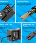 Close-up of 12V 2A Universal AC DC Power Adapter for Telescopes with metal plug, cable detail, and durability features.