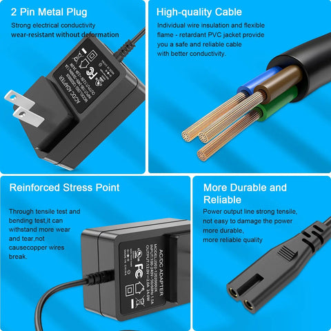 Close-up of 12V 2A Universal AC DC Power Adapter for Telescopes with metal plug, cable detail, and durability features.