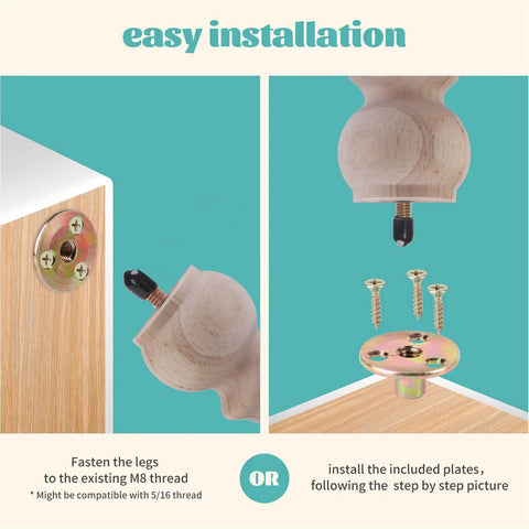 Top Shelf 3 Inch Smooth Wooden Bun Feet For Furniture Fixer Upper Set Of 8 With M8 Bolts showing assembly steps with mounting plates and screws.
