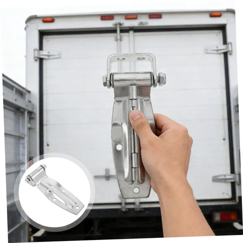 Person holding Tough As Nails Heavy Duty Replacement Door Hinge For Trucks And Trailers Cold Resistant Rust Proof metal.
