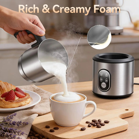 Barista Quality Milk Frother And Steamer 4 In 1 Electric Foam Maker With 24oz Detachable Stainless Jug Latte Art Spout Hot And Cold Foam For Coffee Lattes Cappuccinos And More creating foam in a mug